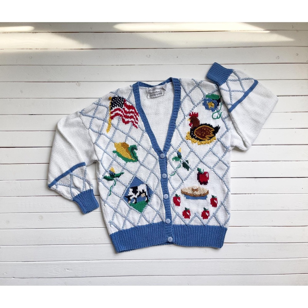 Marisa Christina vtg Americana‎ cow chicken embroidered cardigan sweater